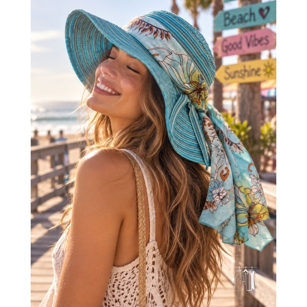 Unbranded Sun Hat Womens OS Turquoise Blue Excellent Wide Brim Floral Scarf Set